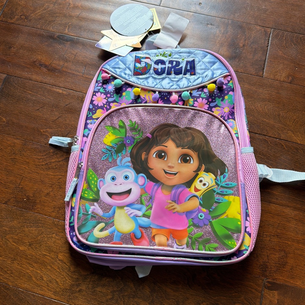 Nickelodeon Dora the Explorer Full Size School Backpack Purple Pink Pom Poms